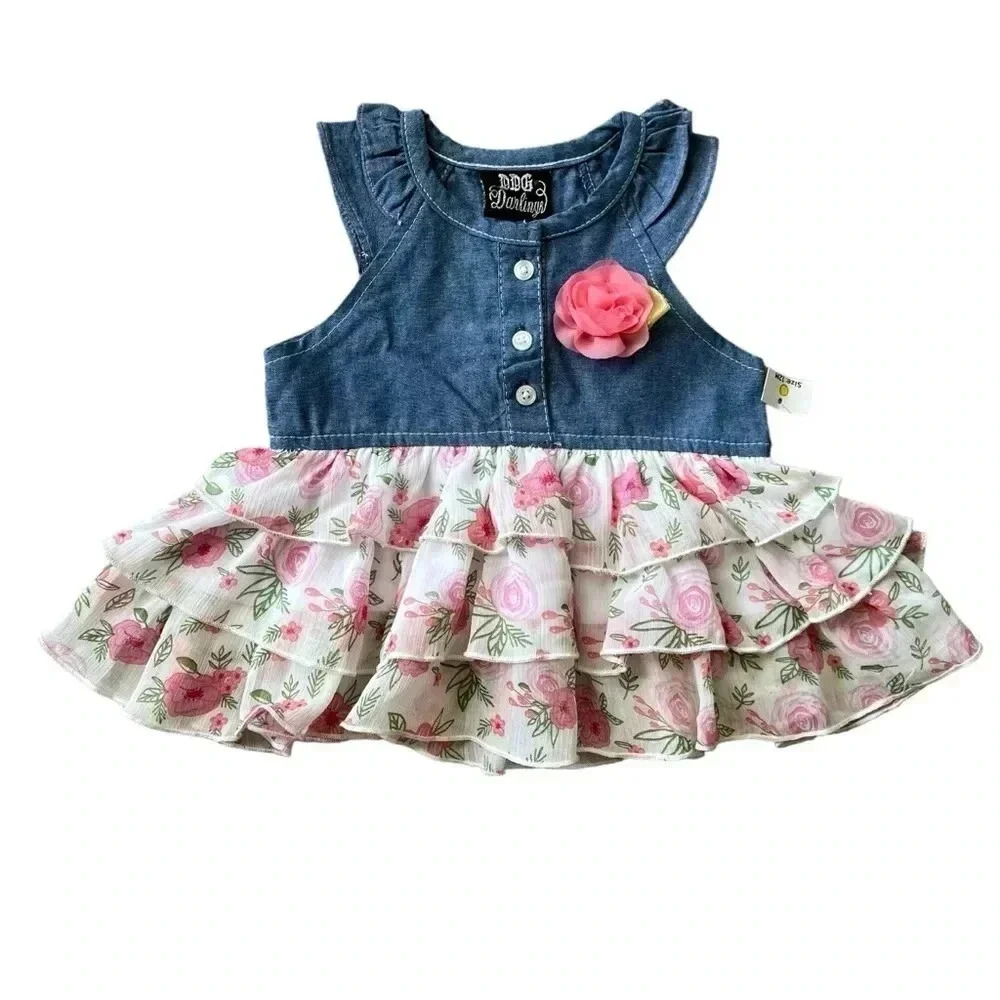 *NWT* DDG Darlings Denim and Floral Cap Sleeve Dress w Tiered Ruffle Skirt 12M